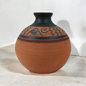 Vintage Native American Navajo Pottery Mini Vase Carved Blue Signed
